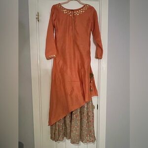 Traditional Indian Orange and Gold Embroidered Women's Dress - Size L